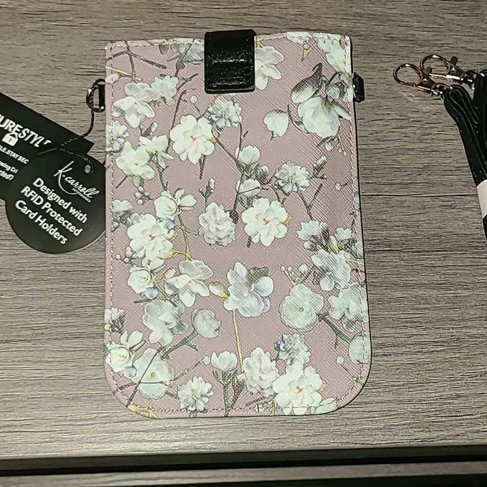 Floral Phone Wallet with Strap - Black and Pink